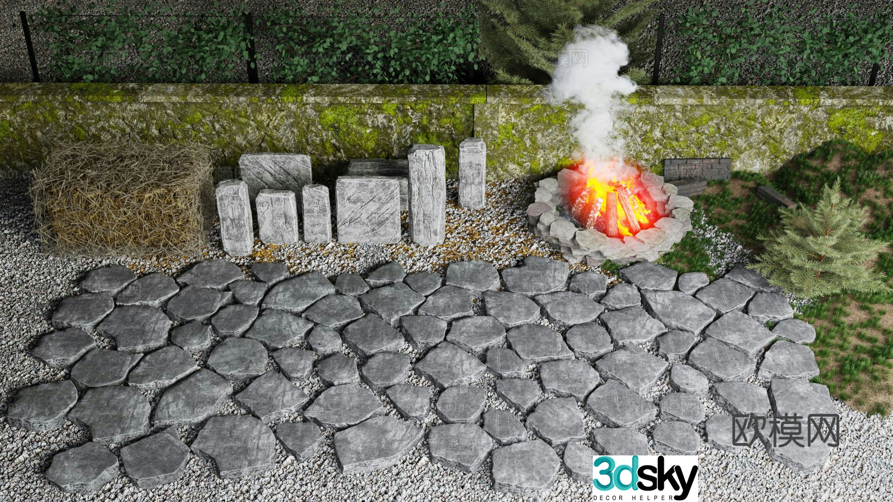 Haystack Gravel Road Stone Pavement Tingbu Fire 3d model