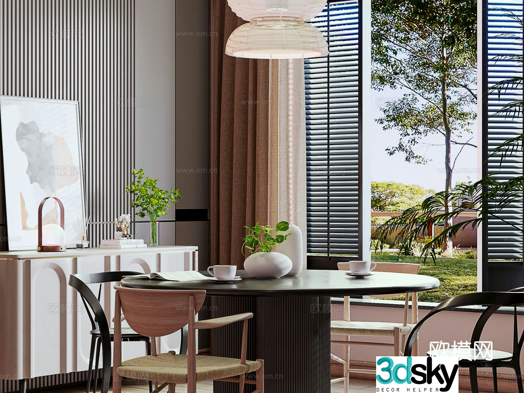 Modern round table dining table and chairs 3d model