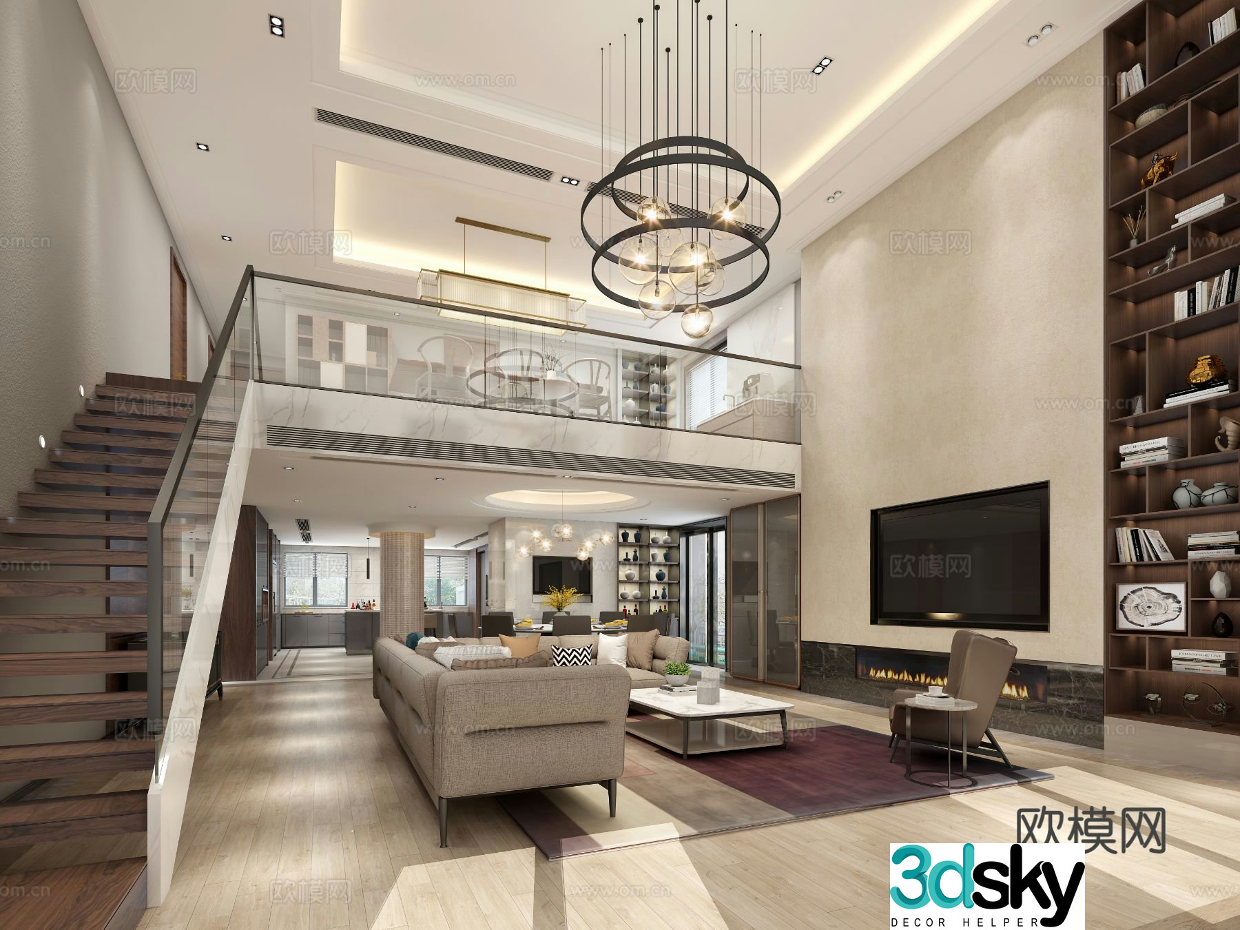 Modern villa guest dining room loft living room 3D model
