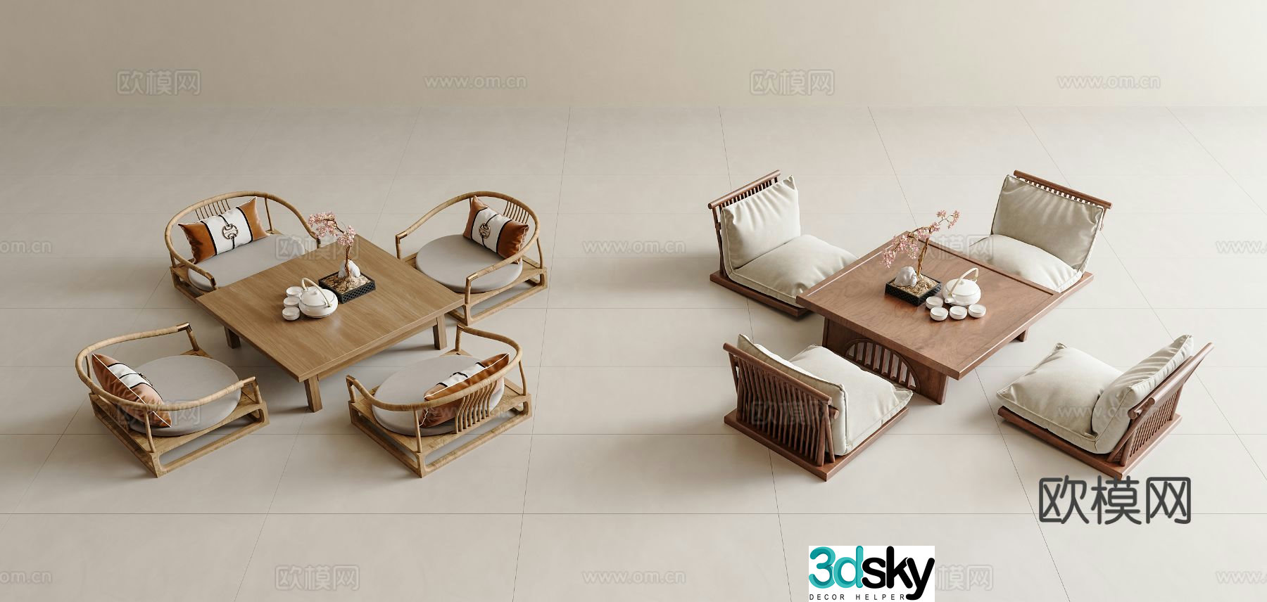 New Chinese style tatami tea table and chairs 3d model