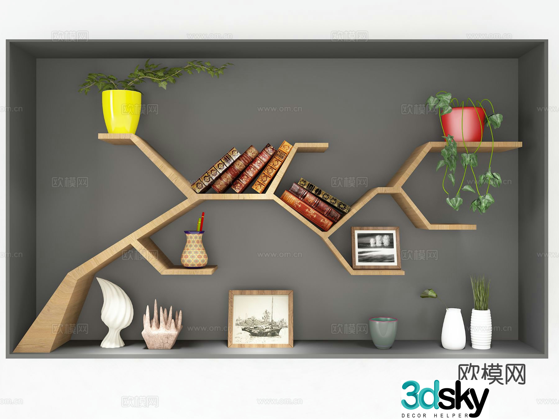Modern branch bookshelf storage rack wall hanging bookshelf 3d model