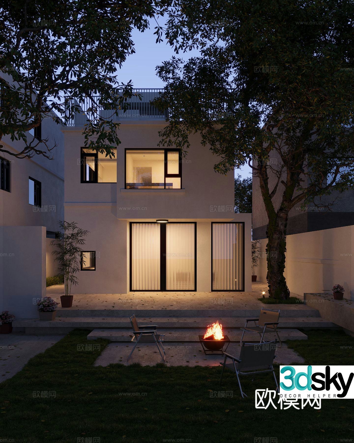 Modern courtyard landscape villa backyard night view 3d model