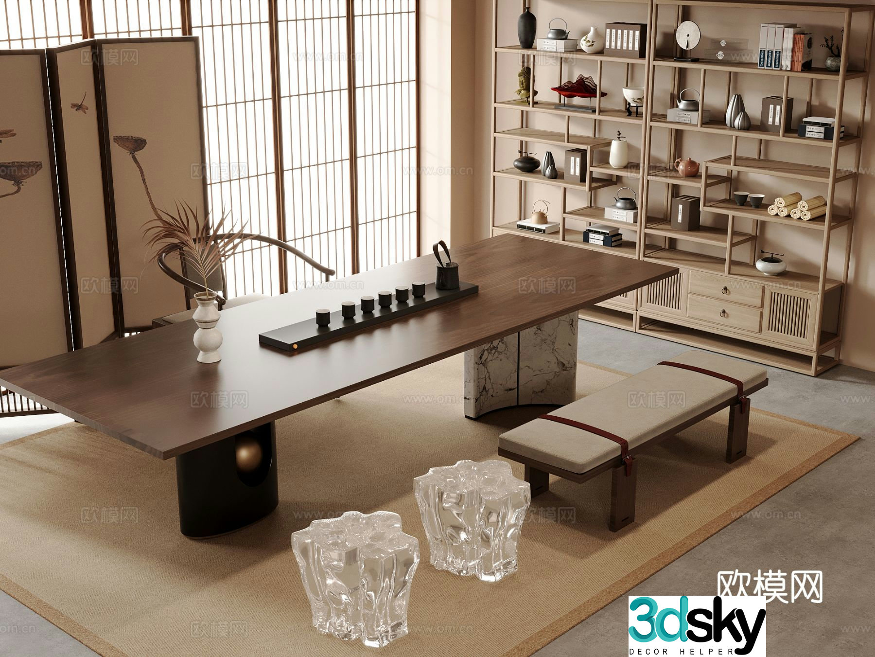 New Chinese tea table and chairs 3d model