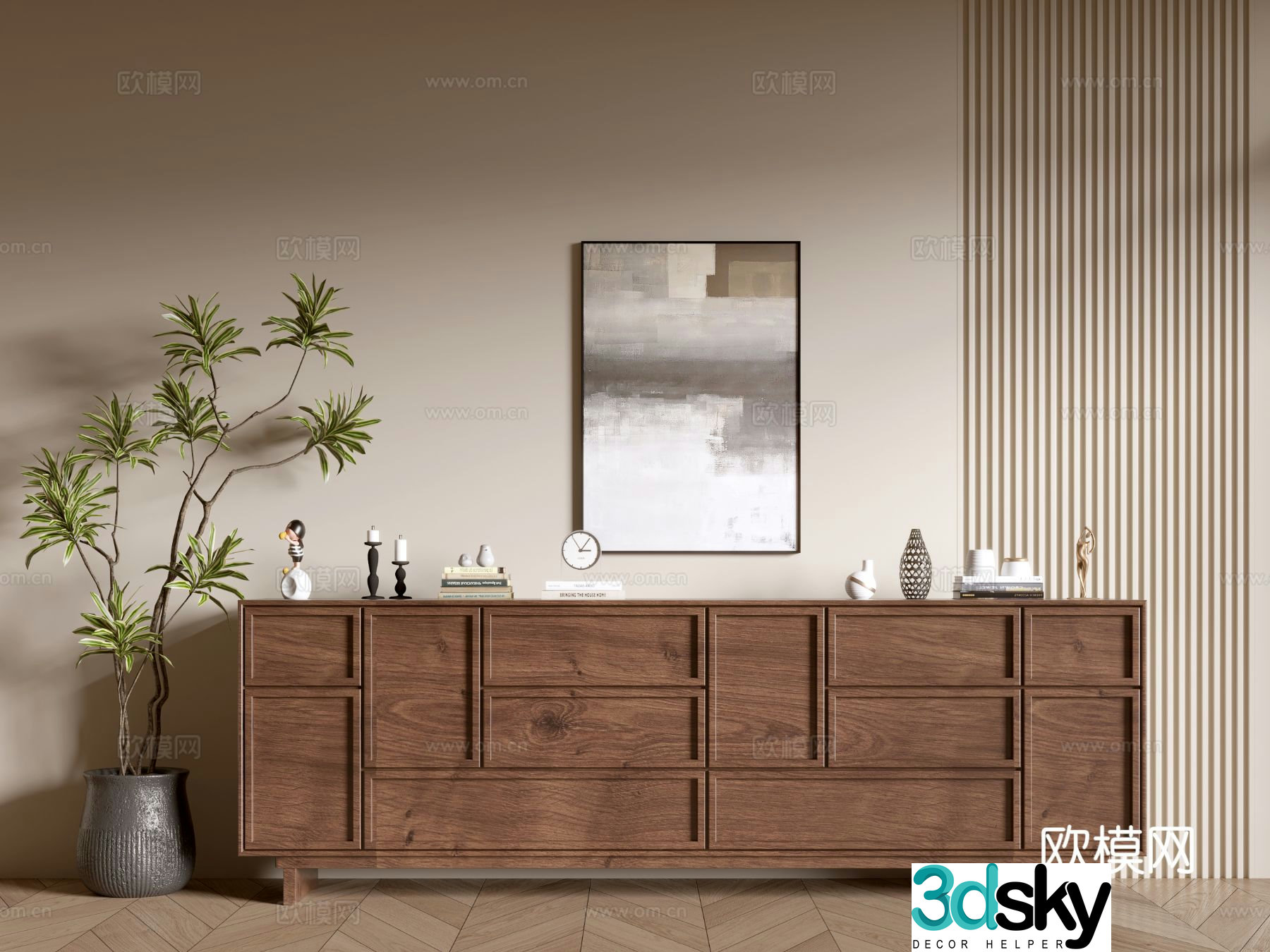 Log style low cabinet wood grain side cabinet entrance cabinet 3D model