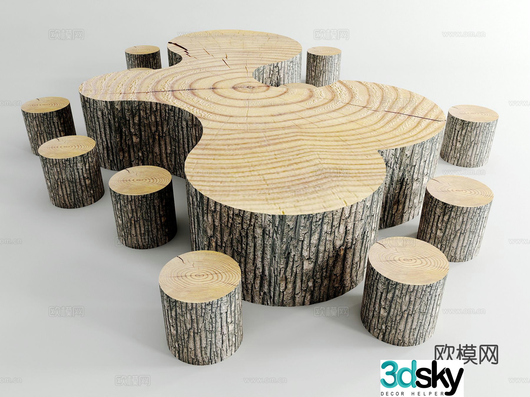 Modern outdoor imitation wood pile table and stool 3d model