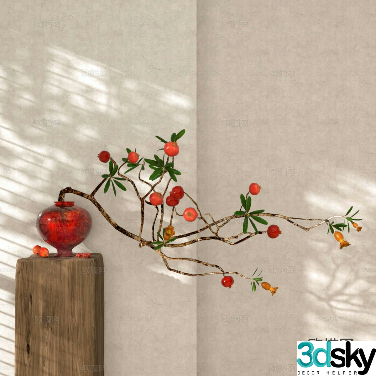 Wabi-sabi pottery vase floral arrangement dried branches 3d model