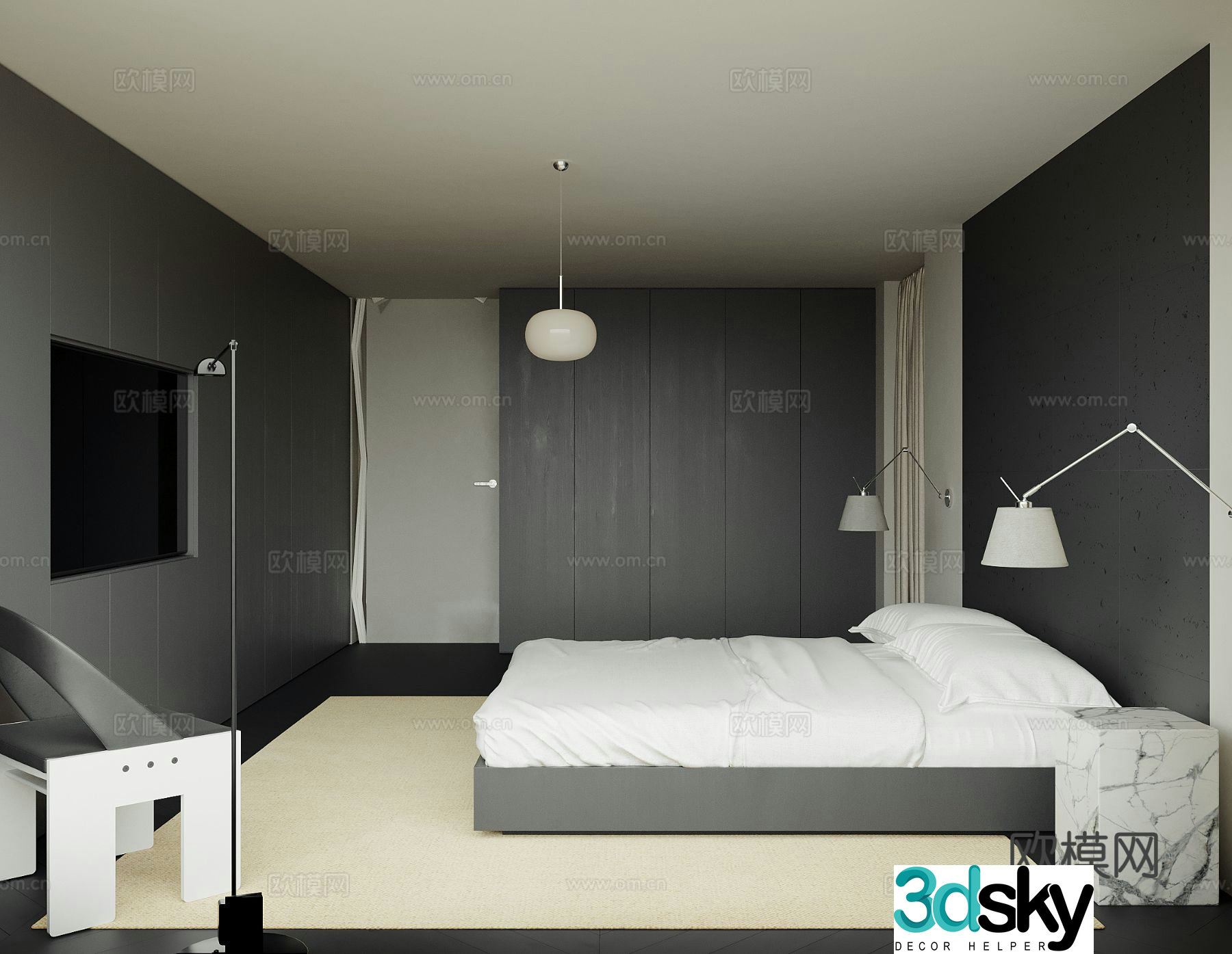 Advanced gray bedroom second bedroom 3D model