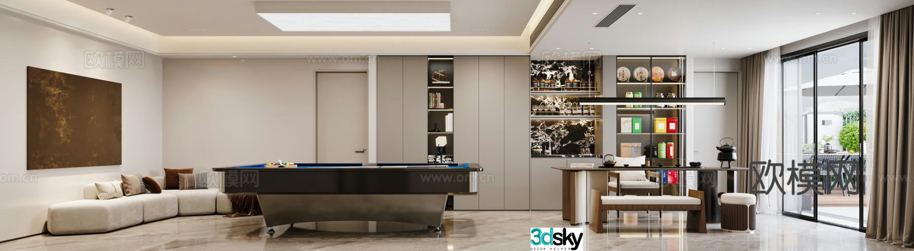 3D model of modern living room and billiards room on the first floor