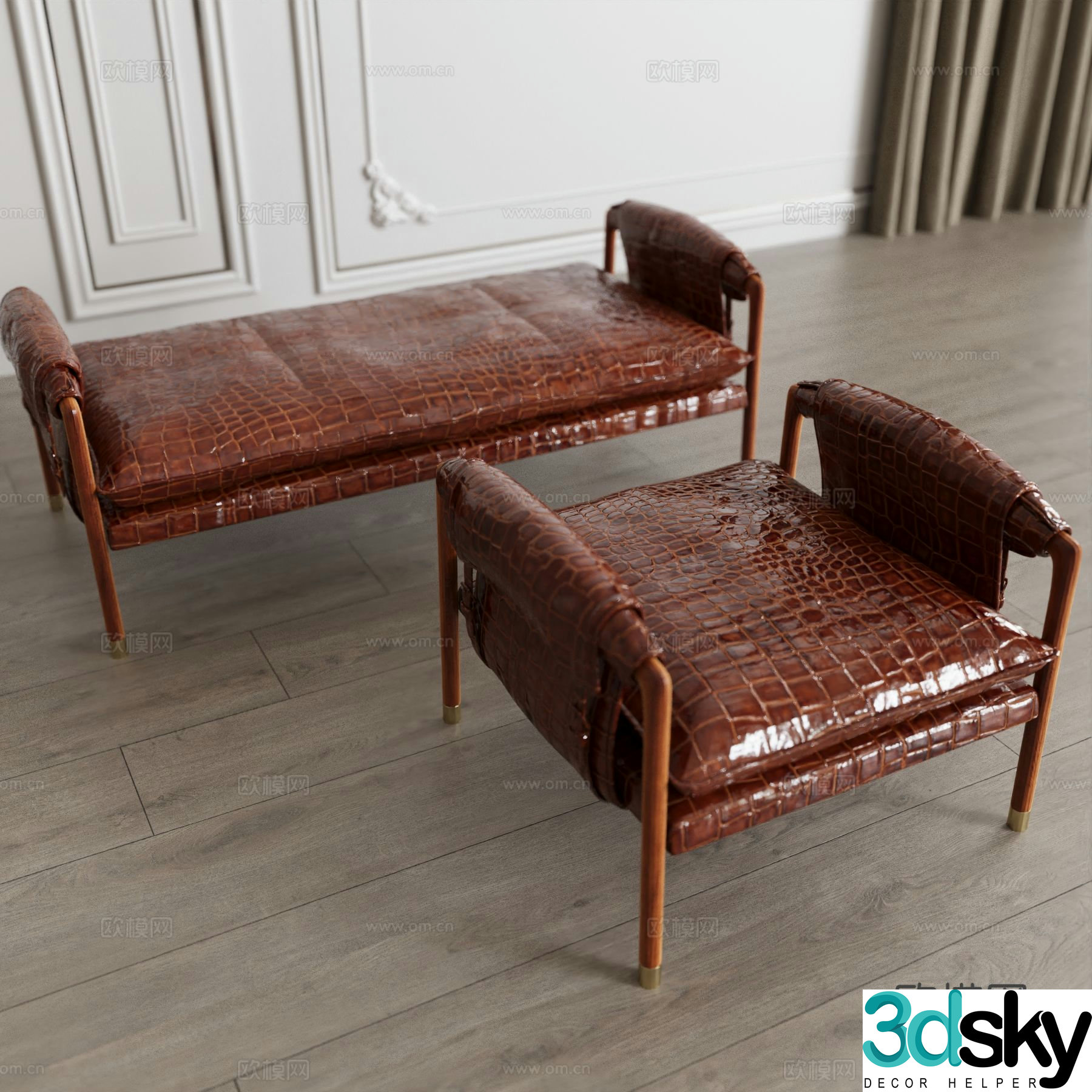 European bedside stool leather bench low stool 3D model