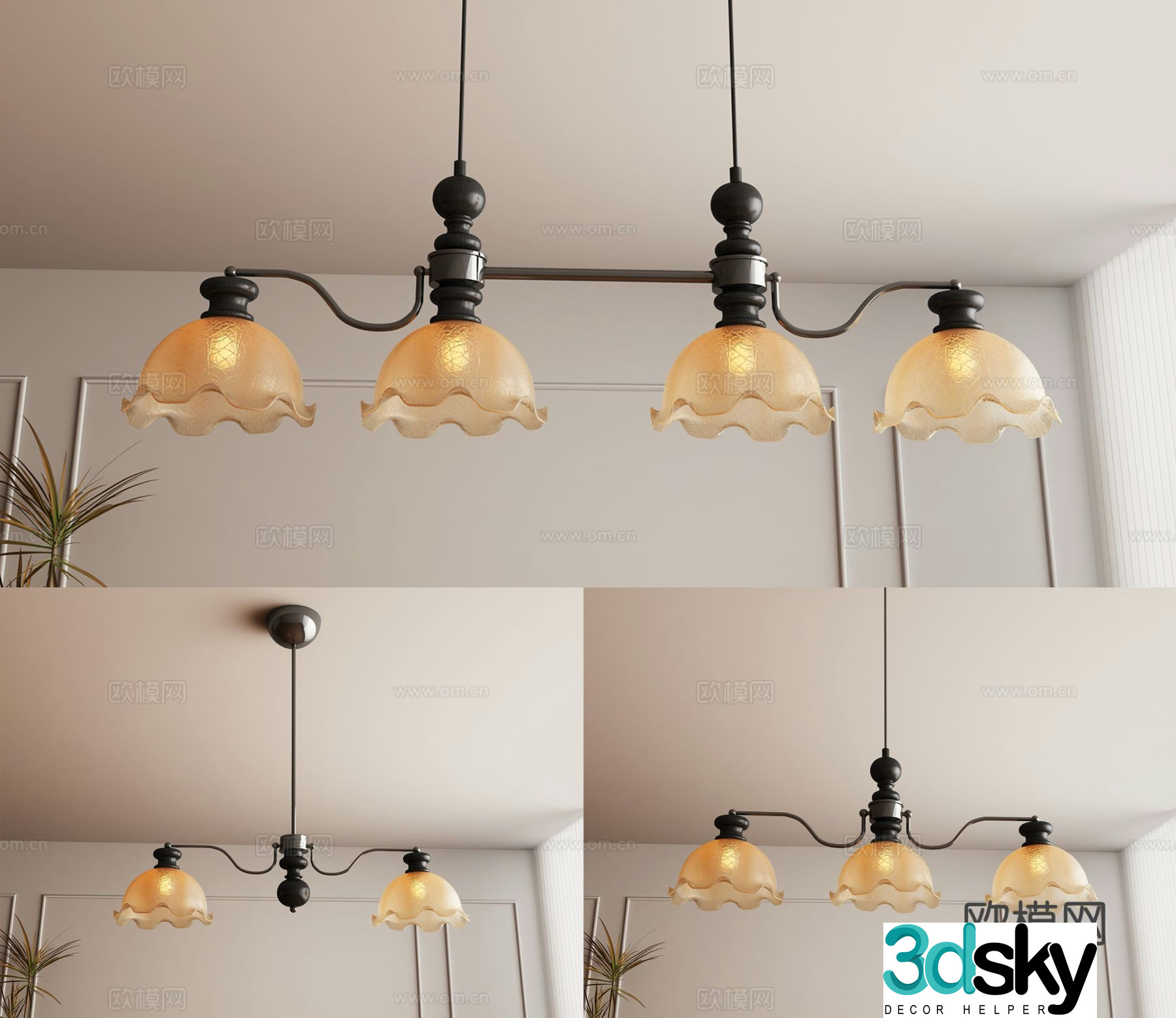 American style glazed multi-head chandelier 3d model