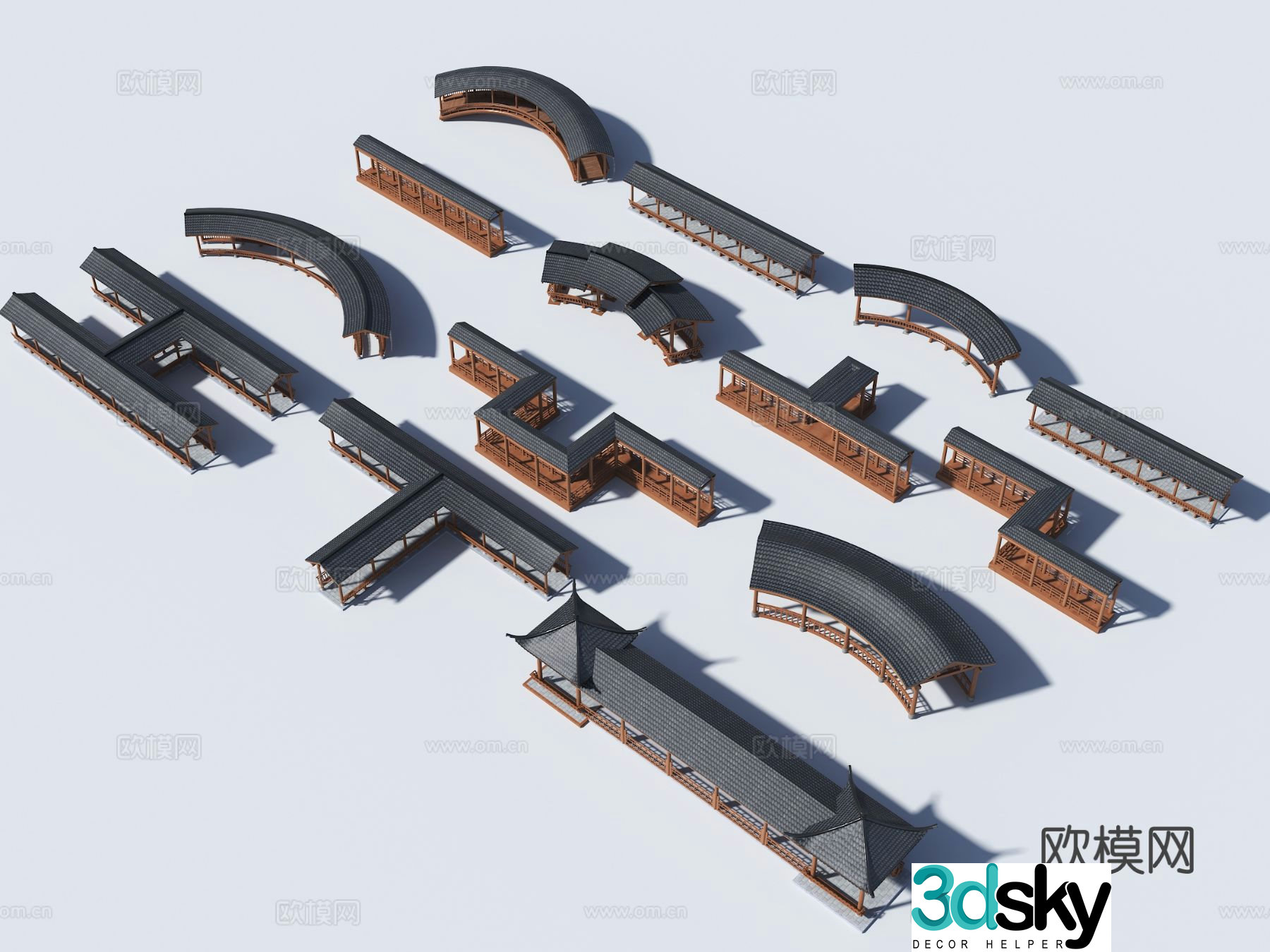 Chinese-style curved corridor curved antique corridor curved corridor frame curved corridor 3D model