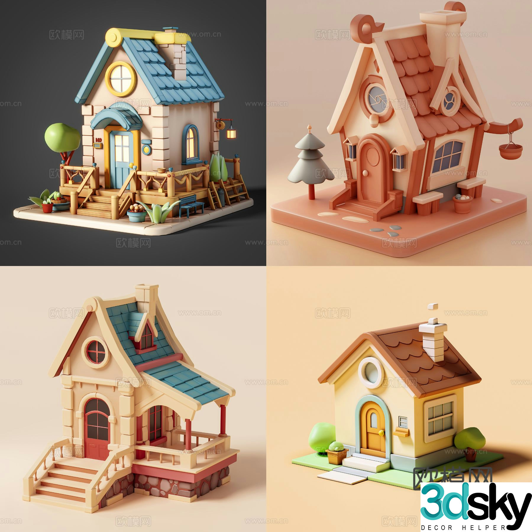 Modern cartoon small house toy cartoon villa building blocks 3d model