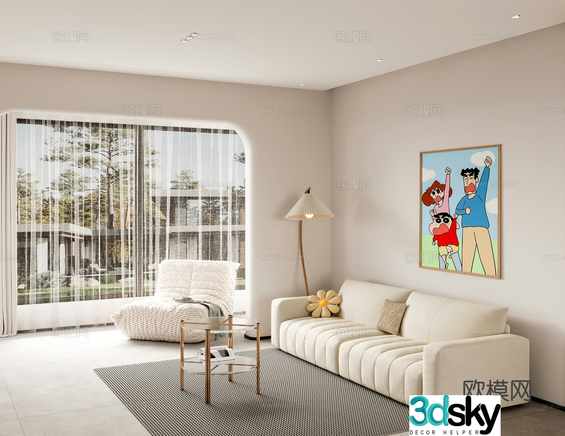 Cream style double sofa lazy sofa Crayon Shin-chan hanging painting 3D model