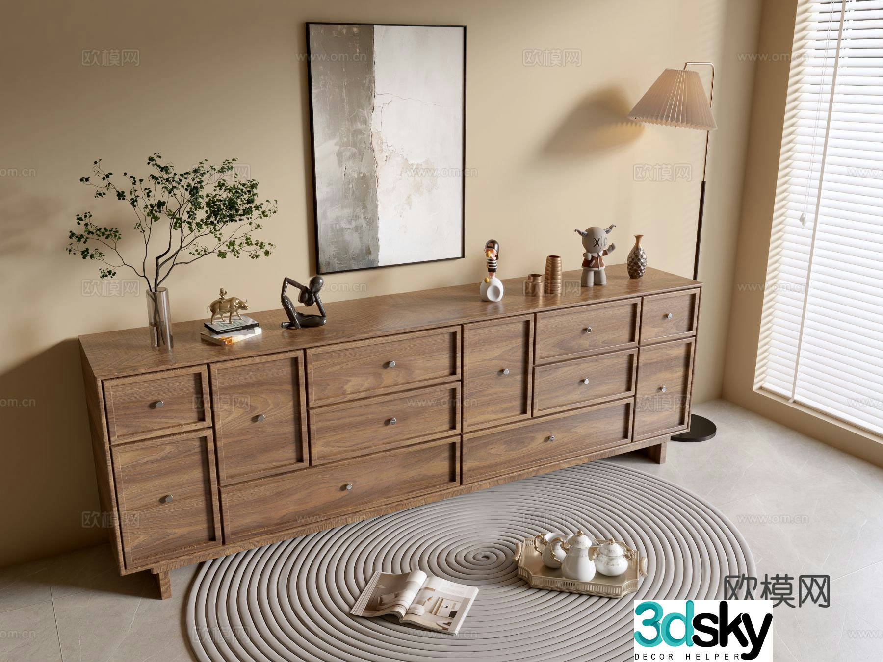 Log style side cabinet wood grain cabinet chest of drawers 3D model