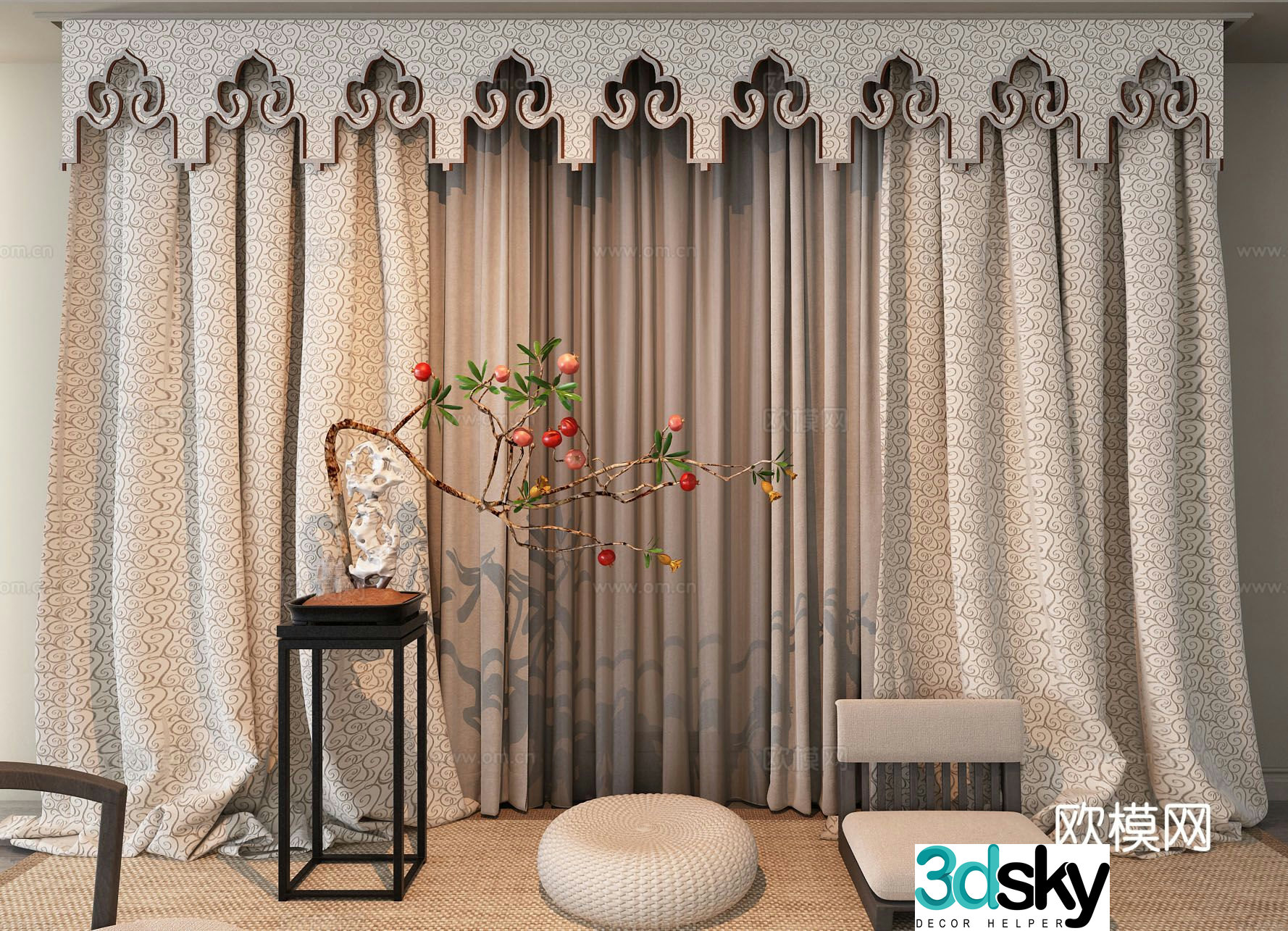 New Chinese style curtain curtain head potted plant Tuanfu 3D model