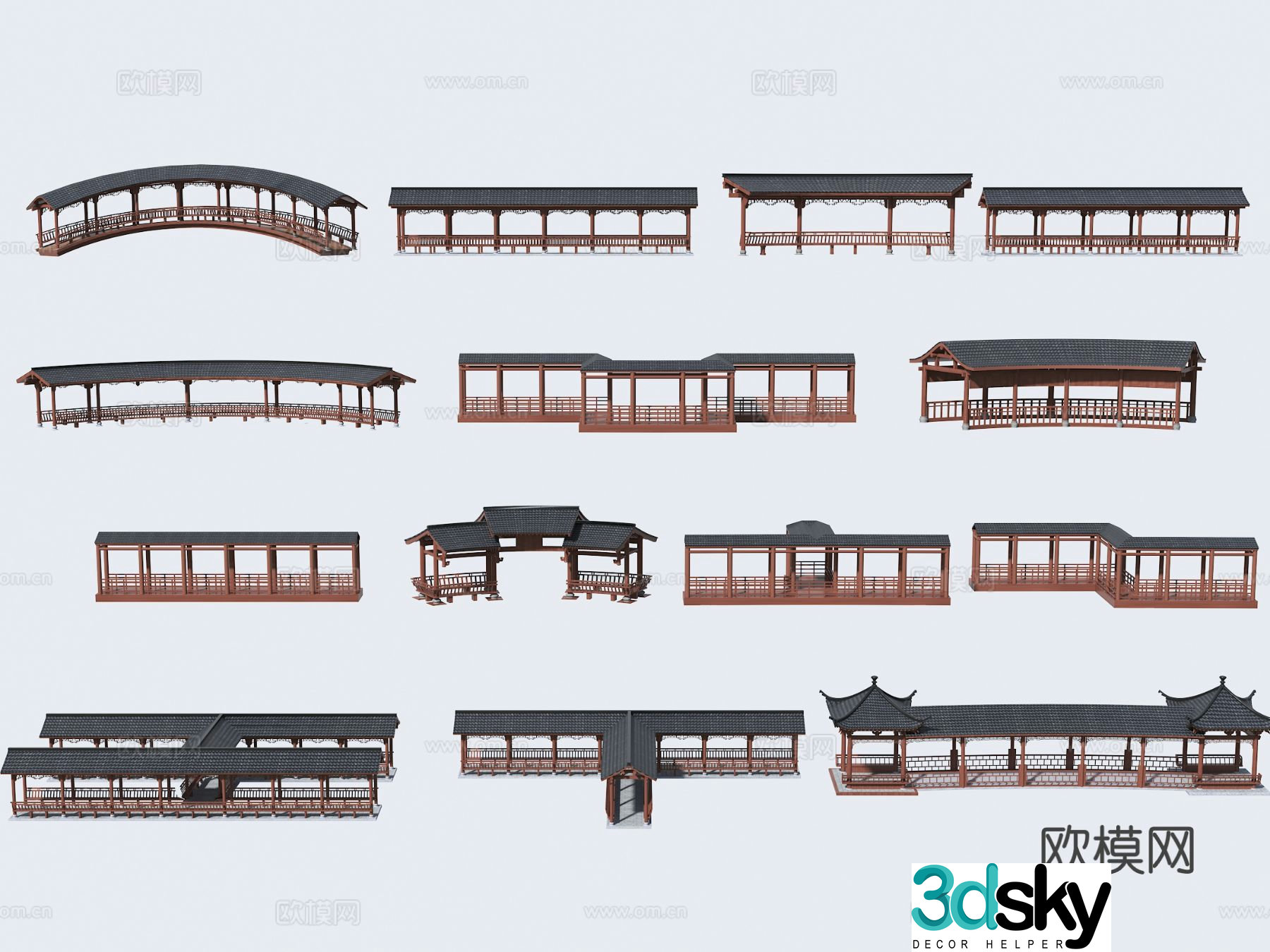 Chinese-style curved corridor curved antique corridor curved corridor frame 3D model