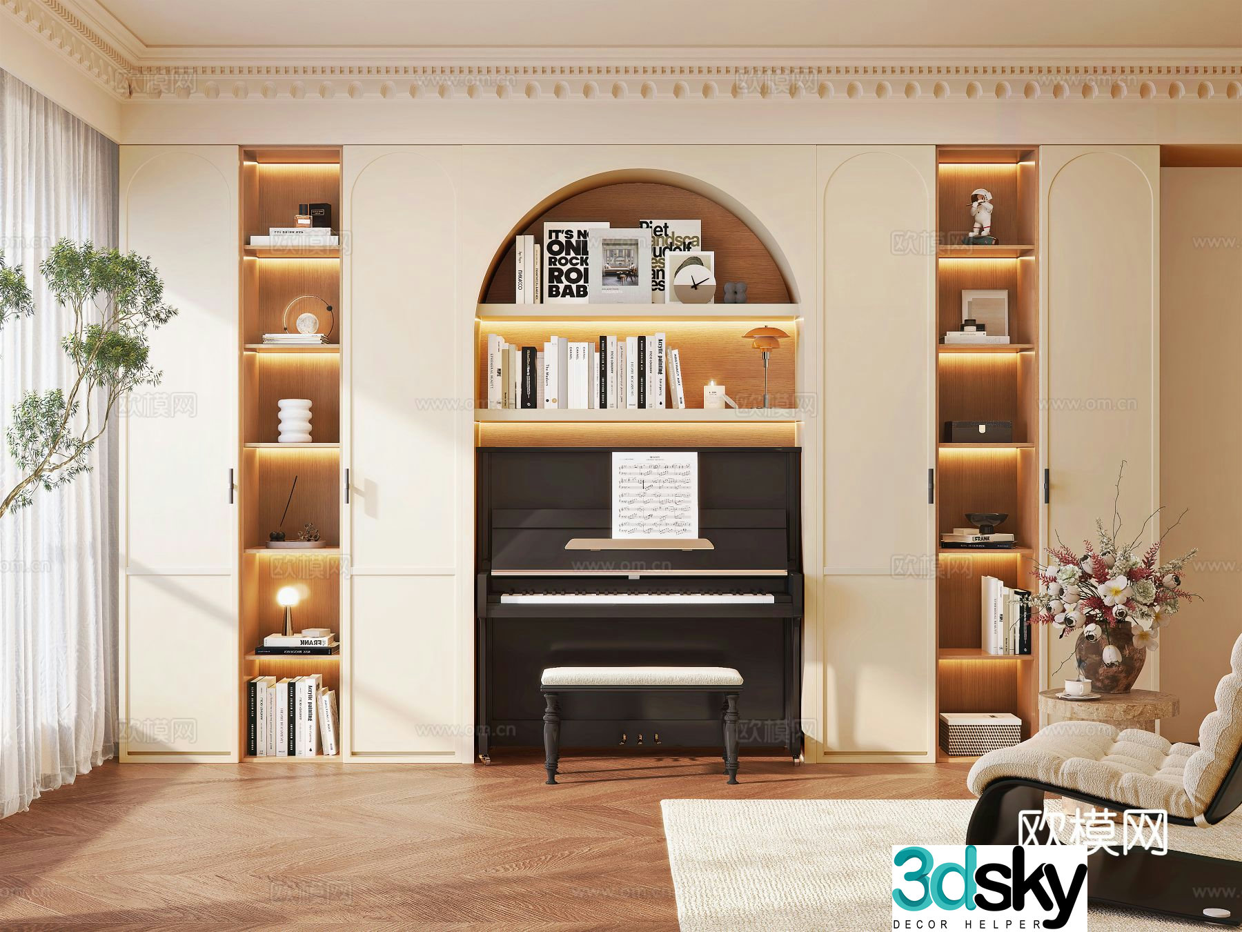 Cream style bookcase piano cabinet 3d model