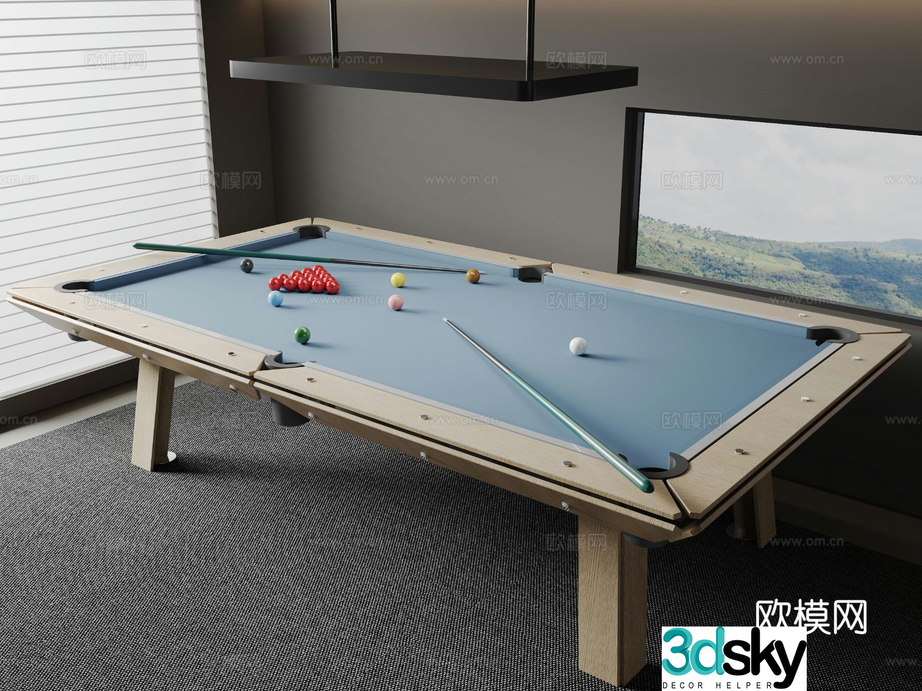 Modern pool table table cue 3d model