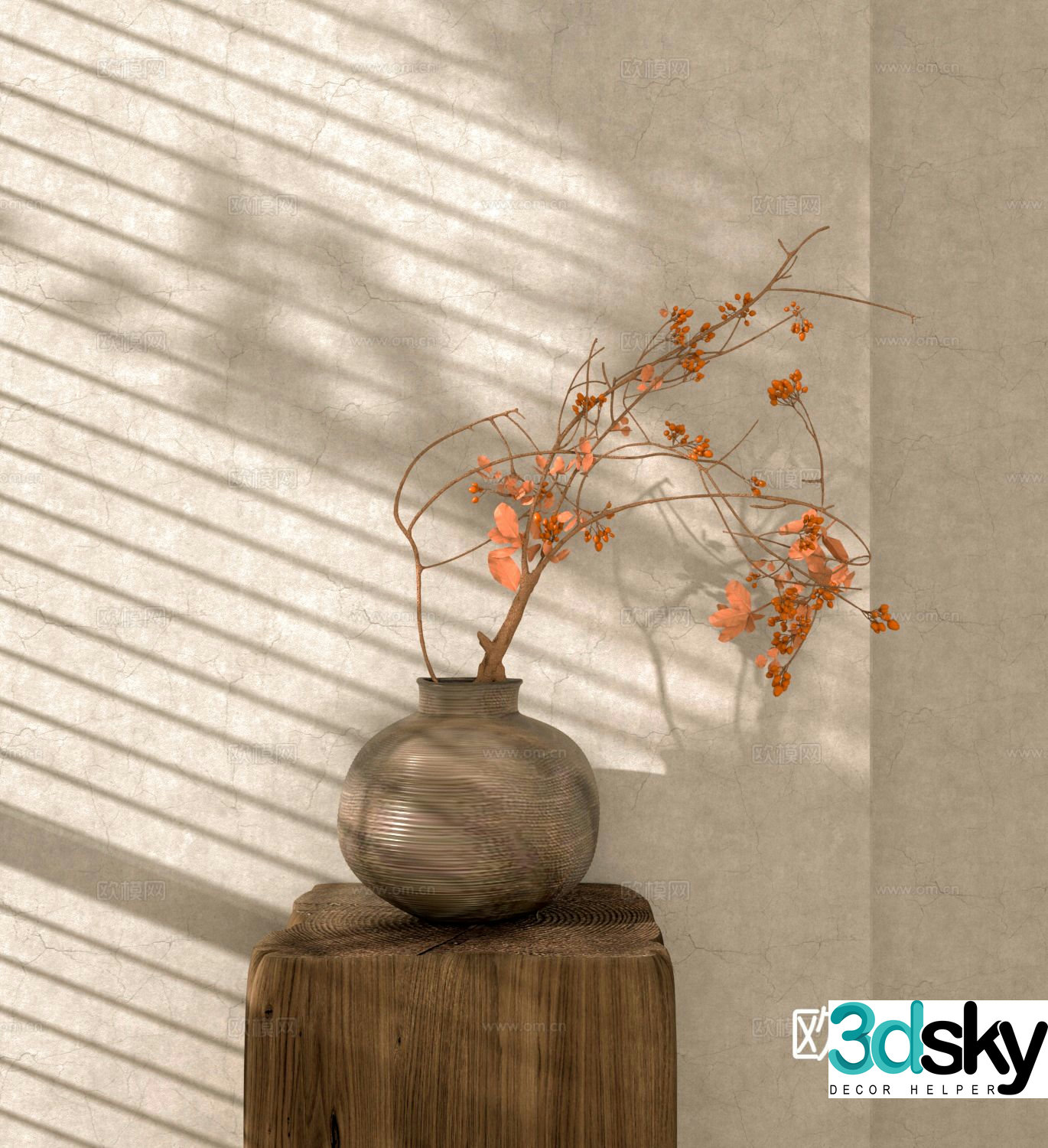 Wabi-sabi style pottery vase floral arrangement dried branches 3D model