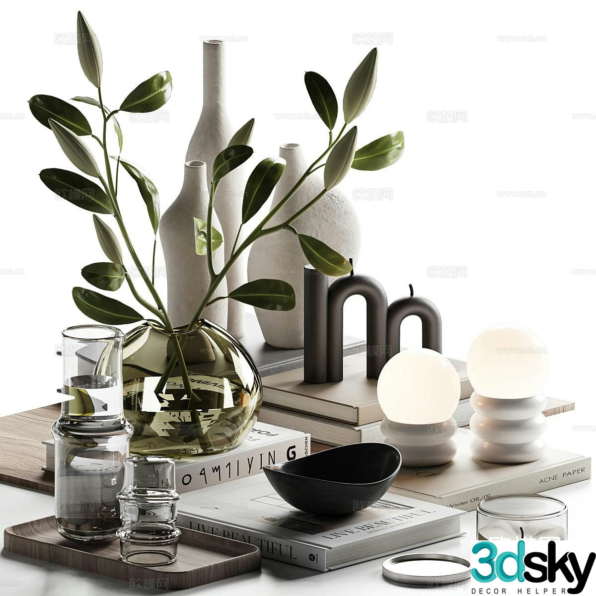 Modern jewelry ornaments green plants books 3D model