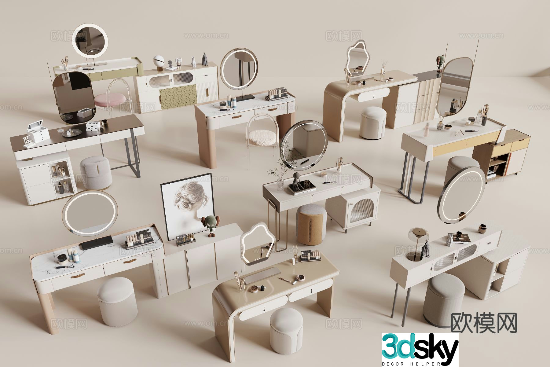Cream style dressing table dressing table 3d model