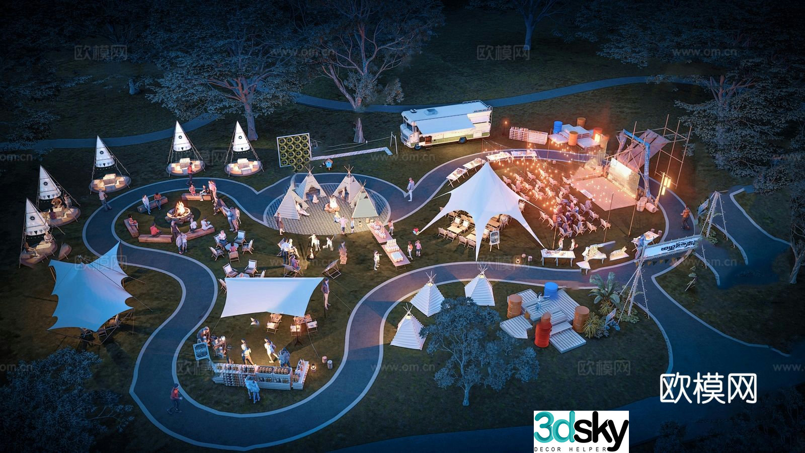 Camping base camping night scene 3d model