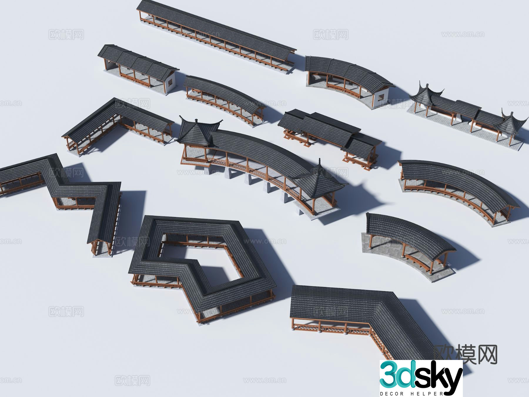 Chinese-style curved corridor curved antique corridor curved corridor frame 3D model