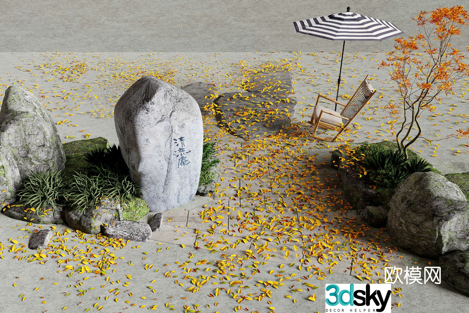 Modern fallen leaves landscape stone outdoor chair landscape sketch 3d model