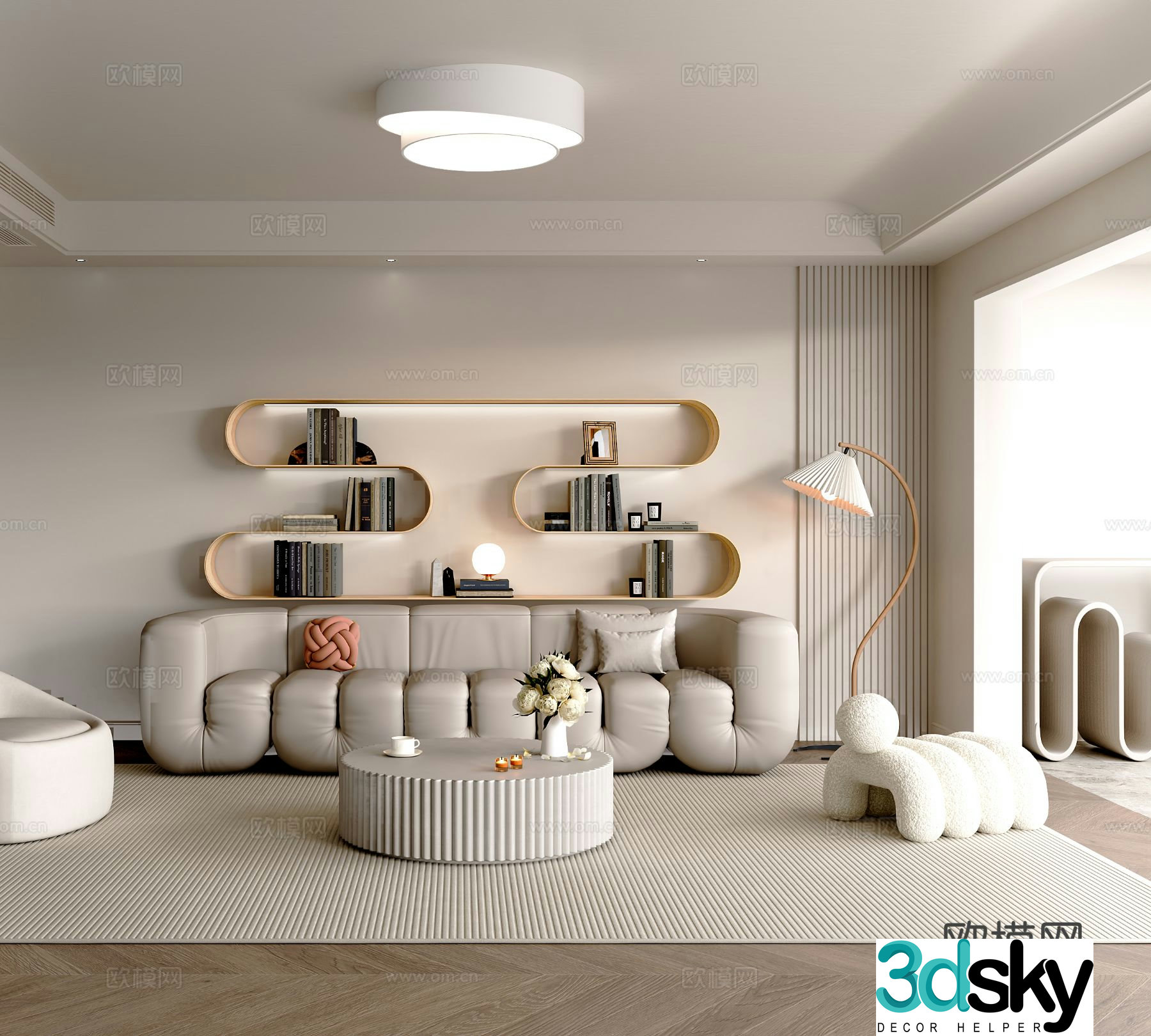 Cream style modular sofa S-shaped shelf 3D model