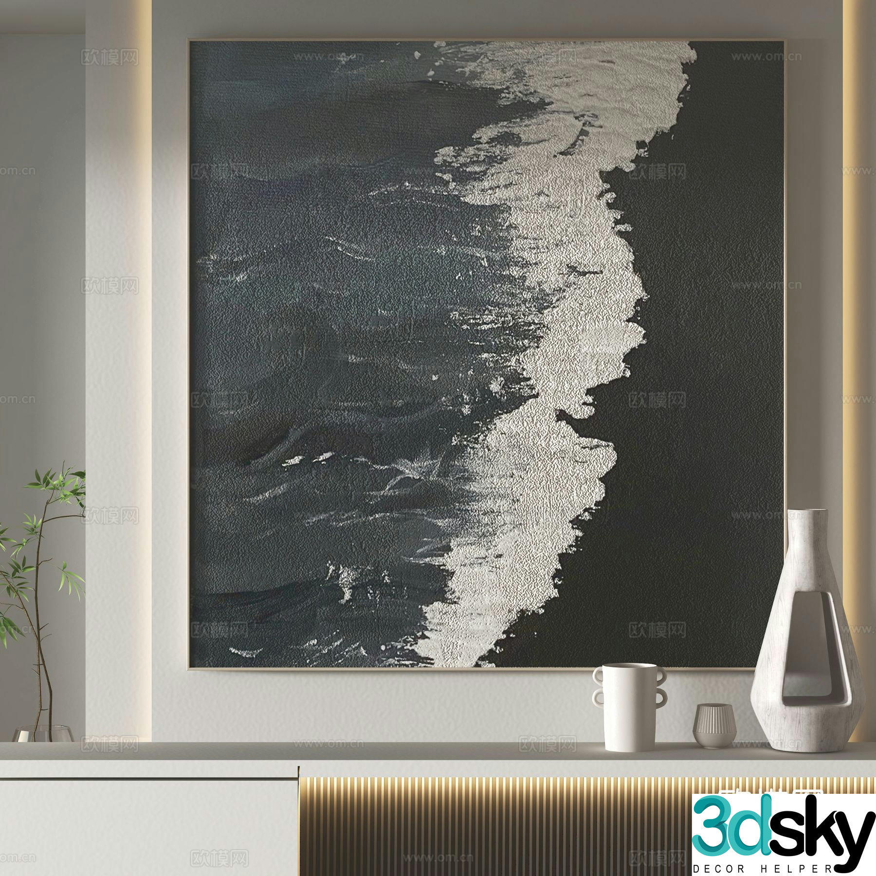 Wabi-sabi style oil painting wave hanging painting 3d model