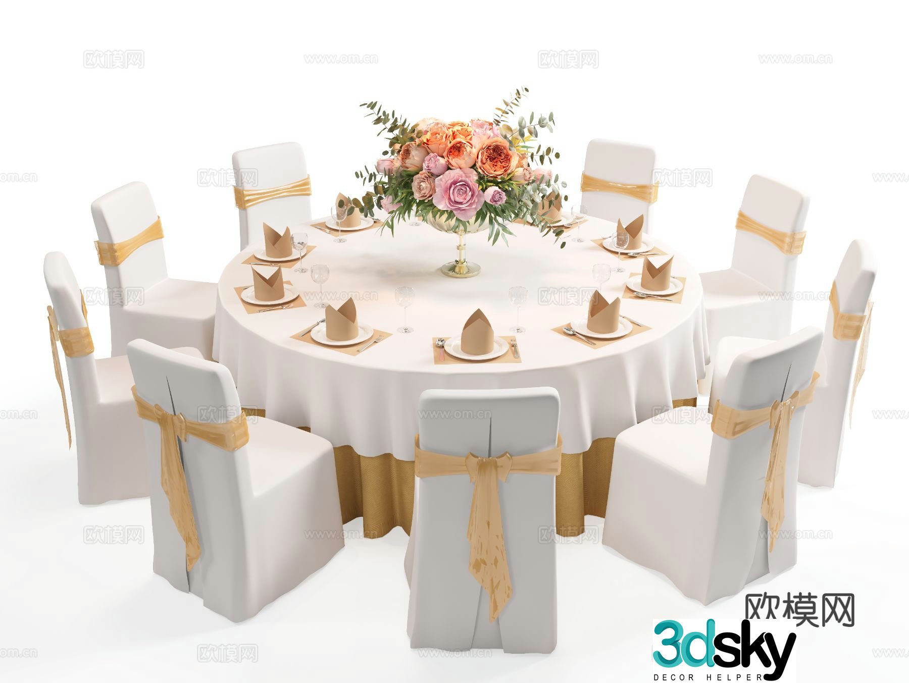 Banquet dining table and chairs round dining table 3d model