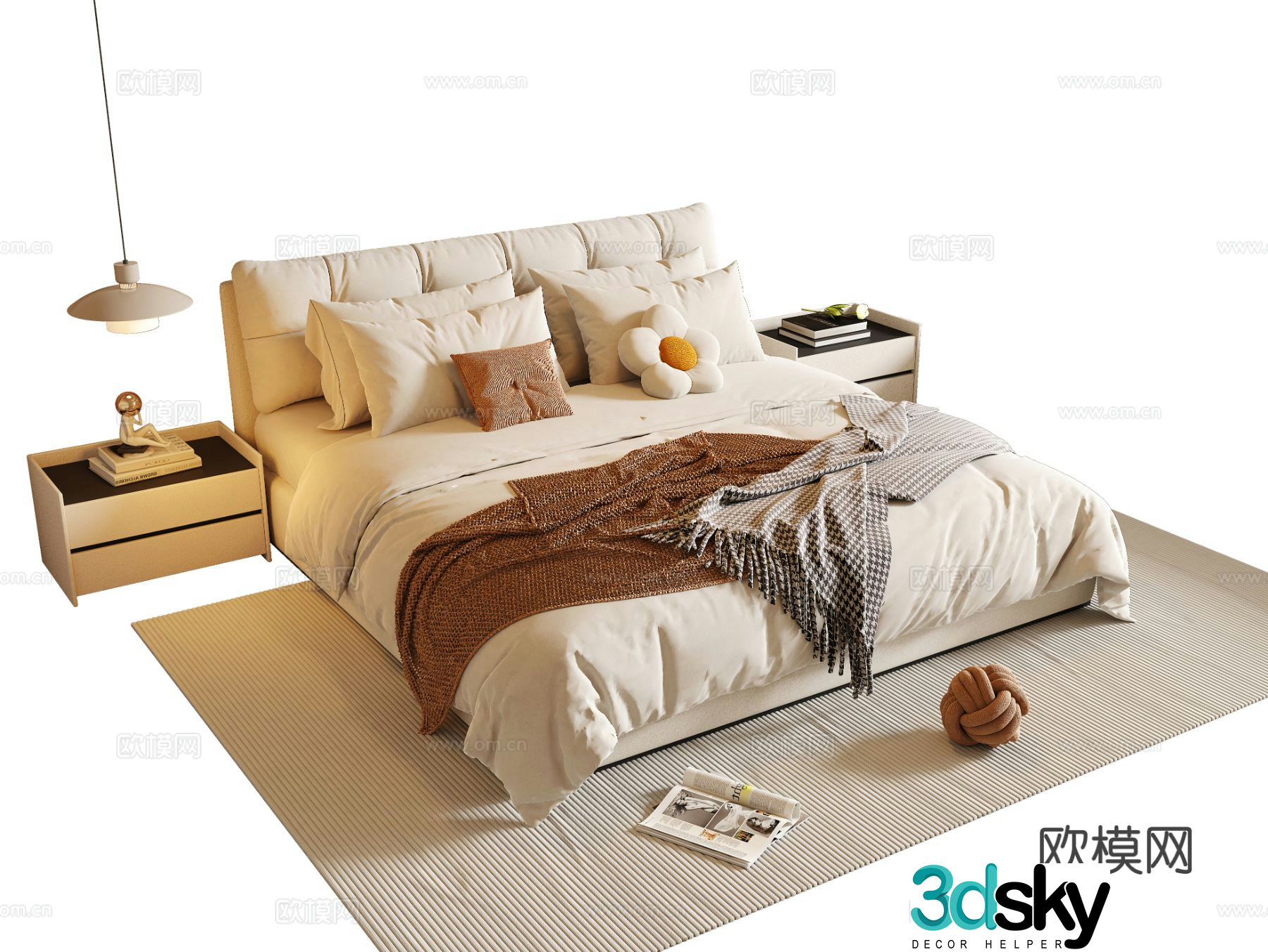 Cream style double bed 3d model