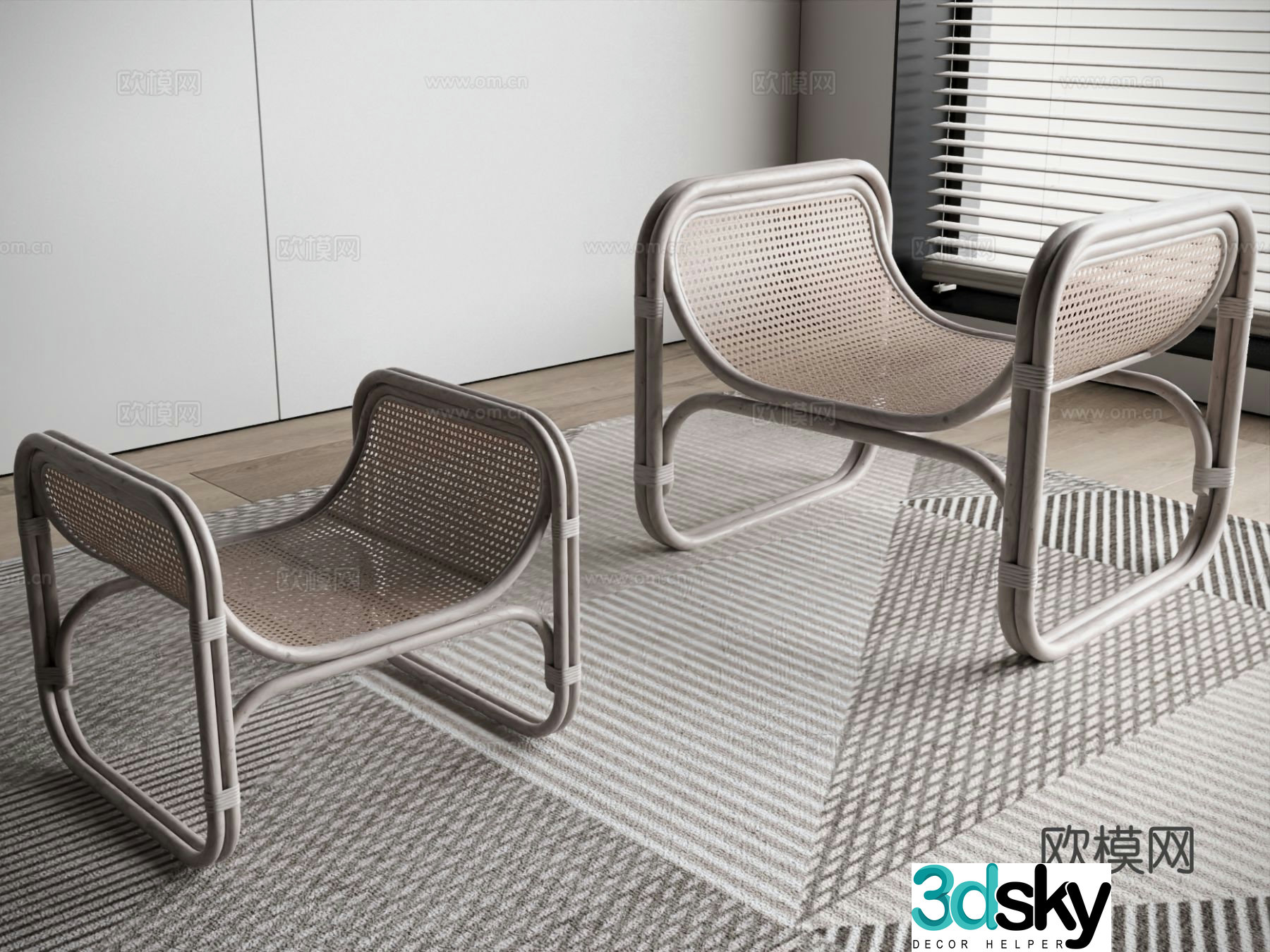 Wabi-sabi sofa bench shoe changing stool rattan stool 3D model