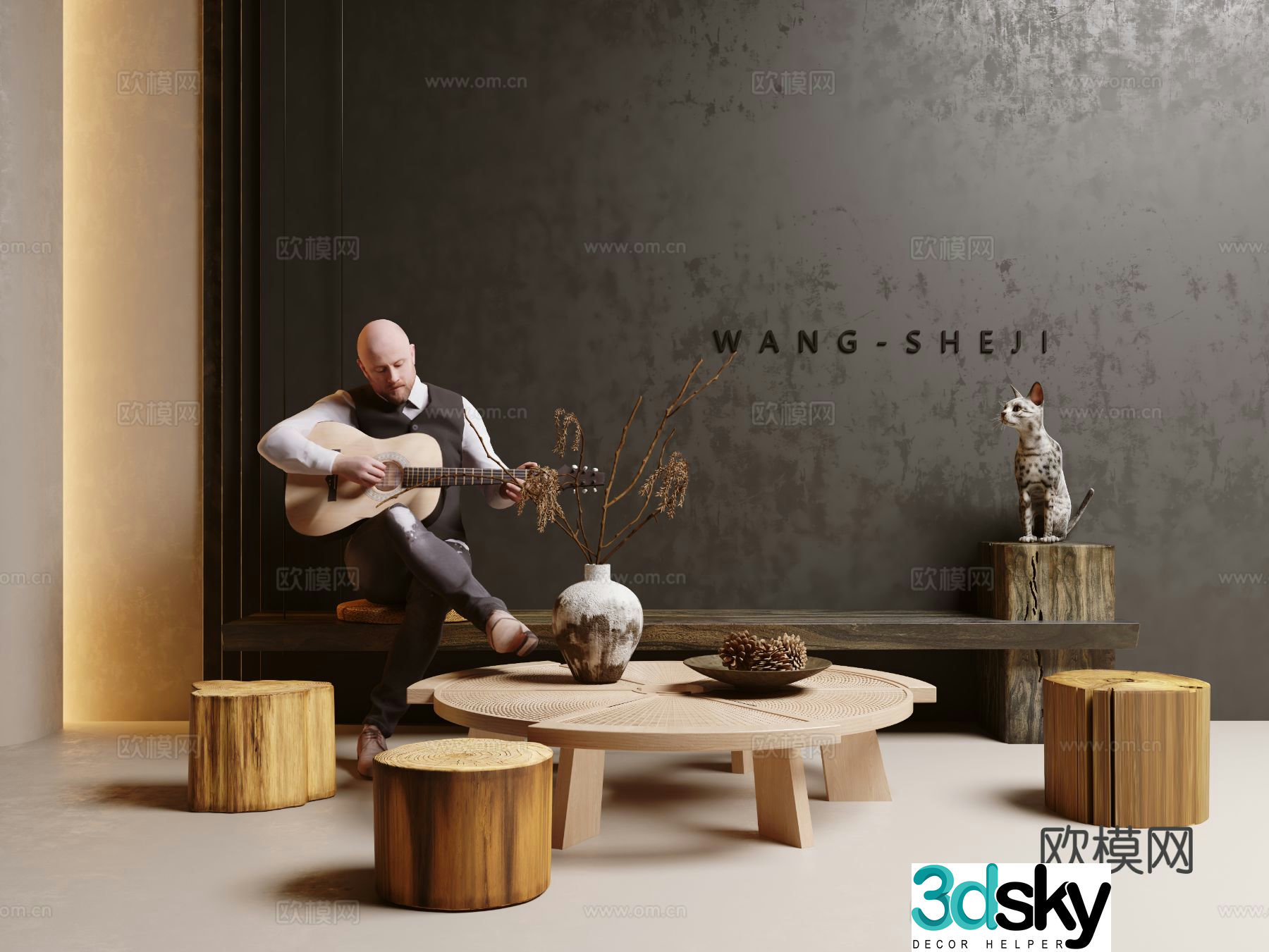 Wabi-sabi outdoor landscape tables and chairs courtyard benches landscape sketches 3D model