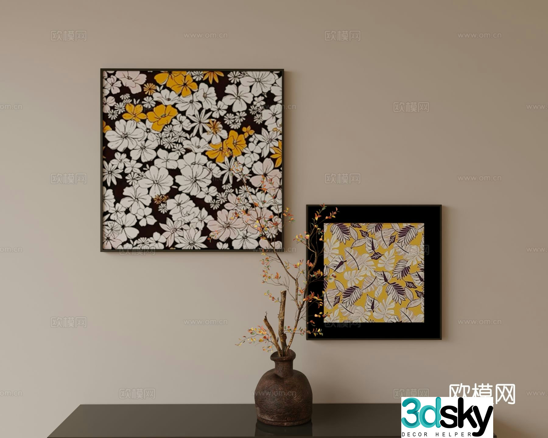 Medieval style hanging painting flower hanging painting Zen vase 3D model