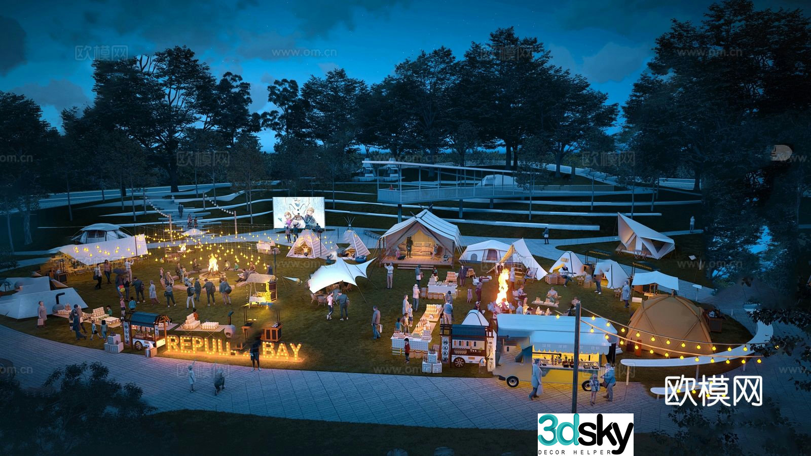 Camping base camp landscape camping night scene 3d model