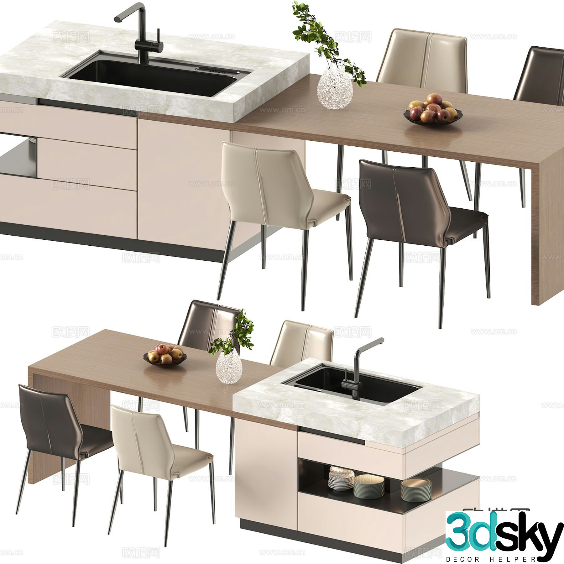 Modern island dining table and chairs island 3d model