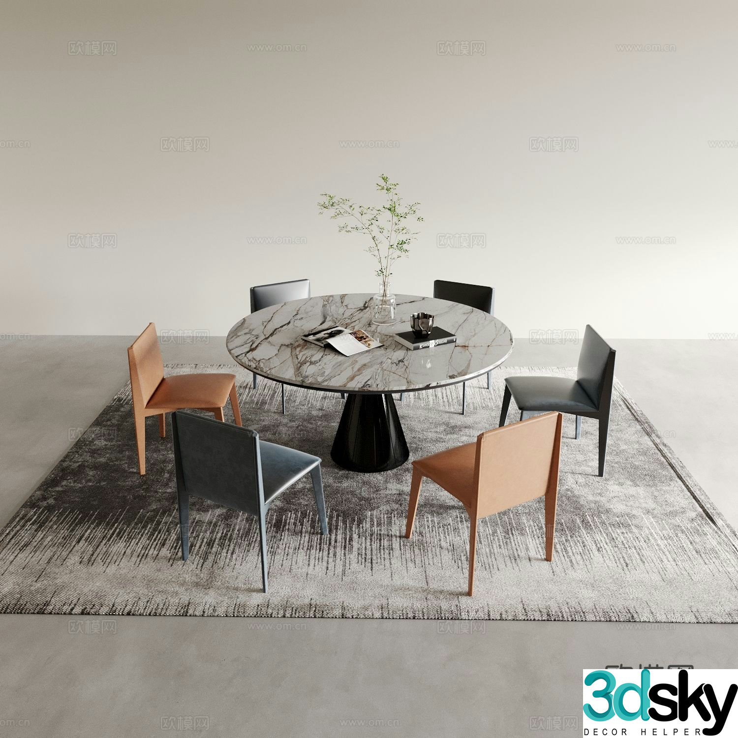 Round dining table and chairs 3d model