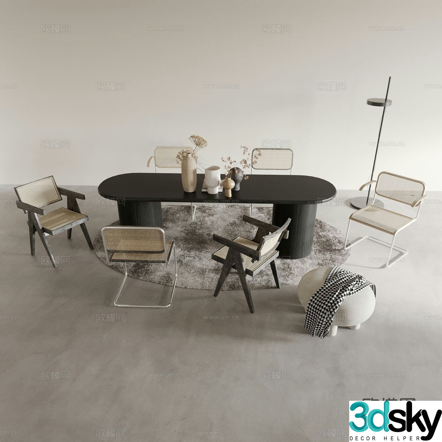 Wabi-sabi dining table and chairs oval dining table 3d model