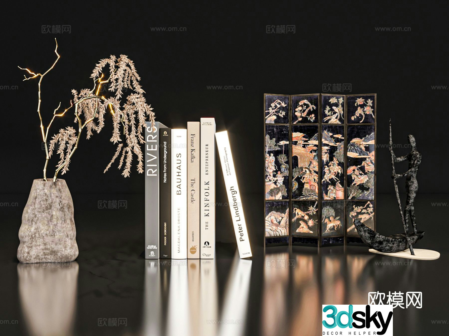 Wabi-sabi ornaments books vase 3d model