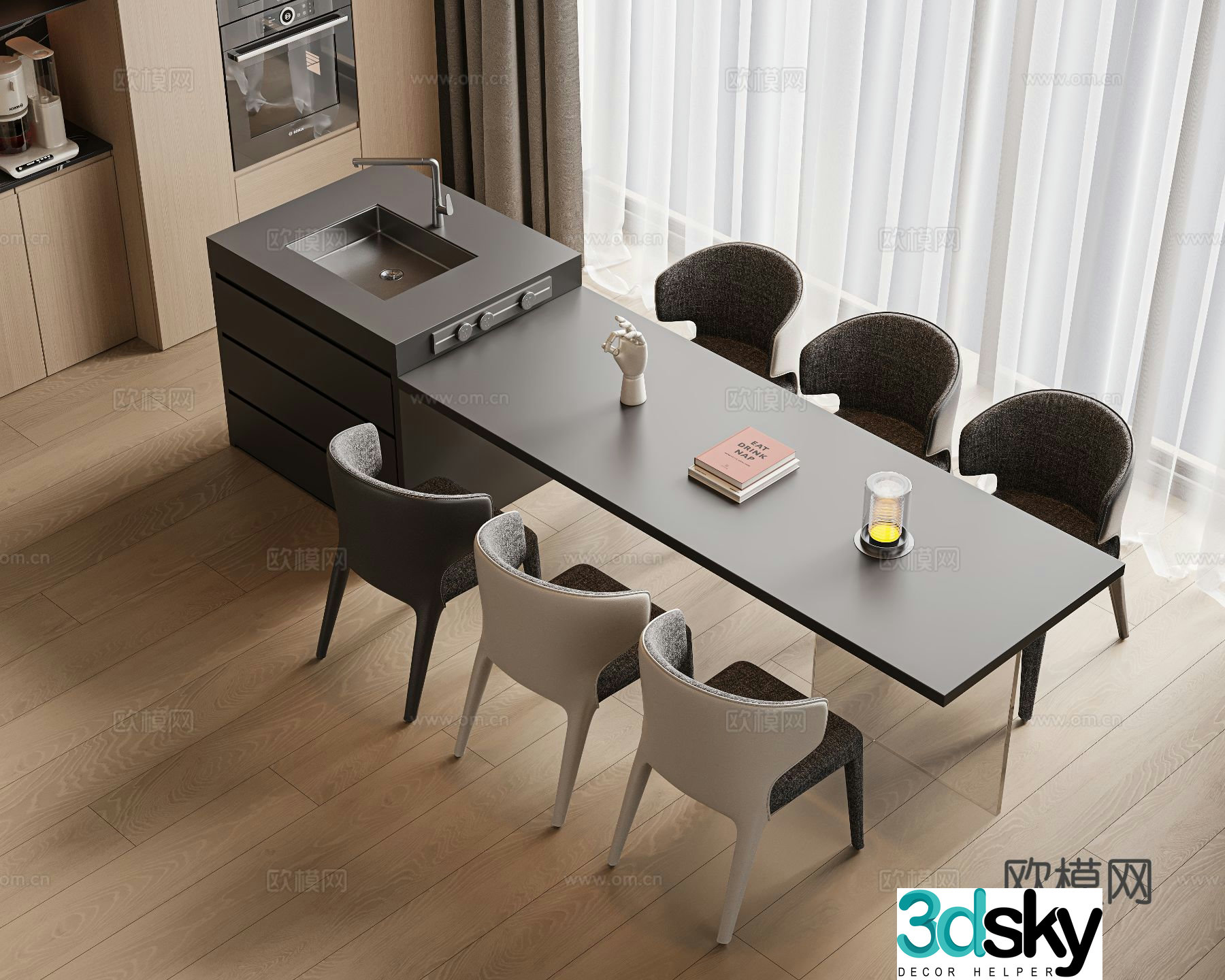 Island table dining table and chairs 3d model