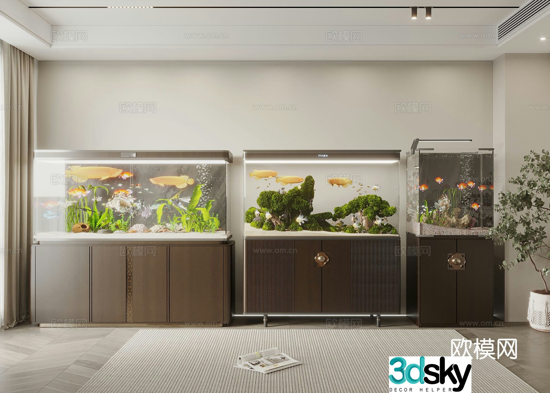 New Chinese style glass fish tank aquarium 3d model
