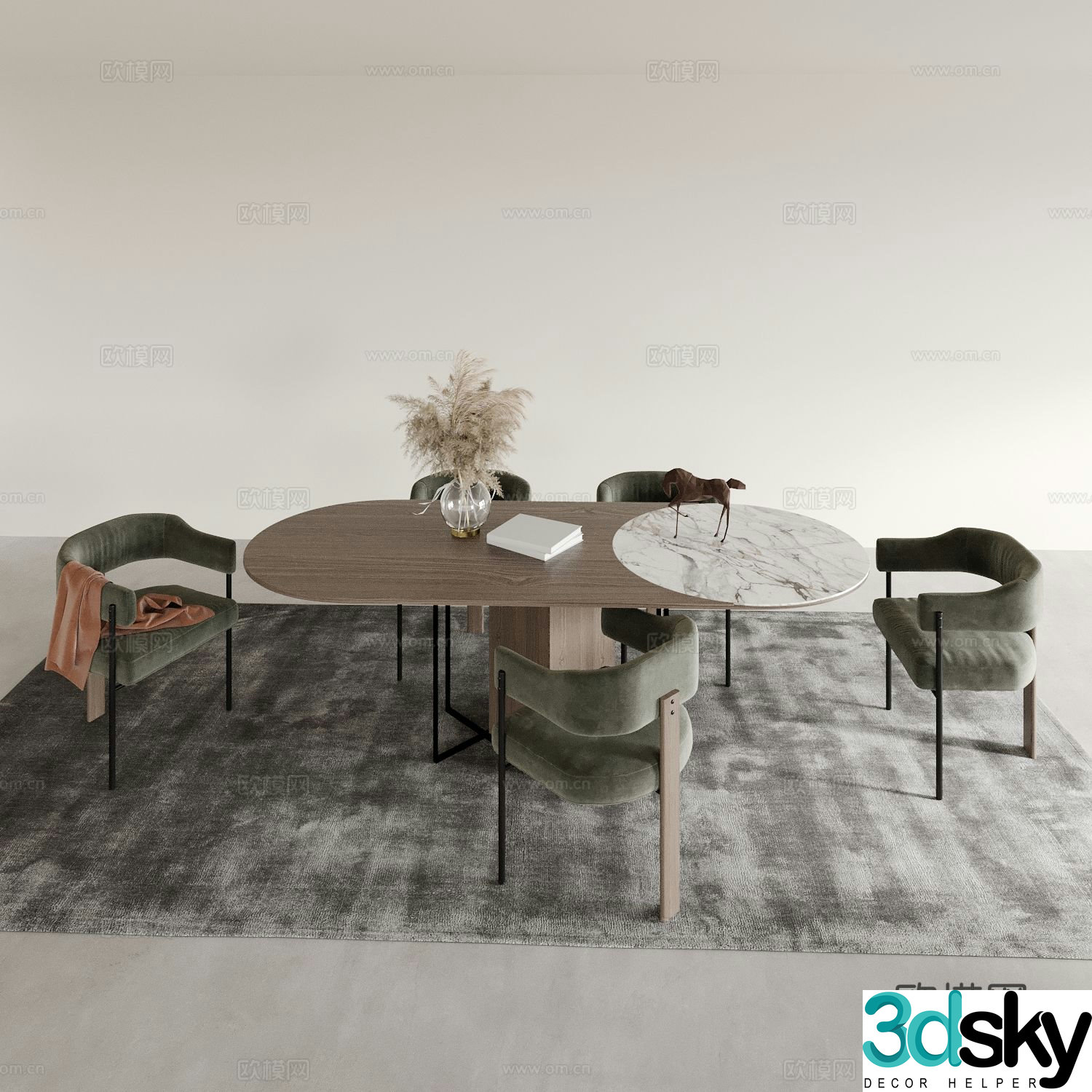 Oval dining table and chairs solid wood dining table 3d model