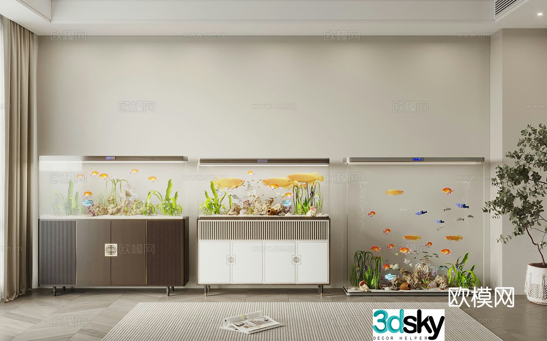 New Chinese style glass fish tank aquarium 3d model