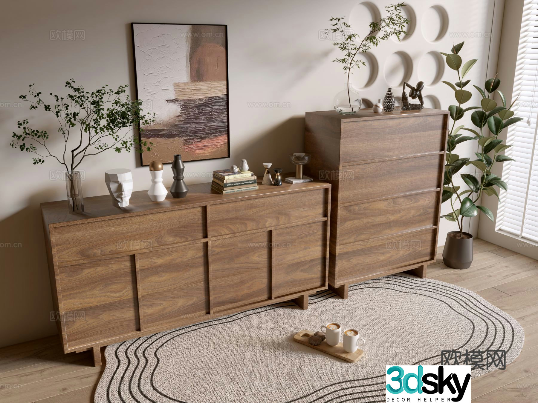 Log style entrance cabinet and side cabinet 3D model