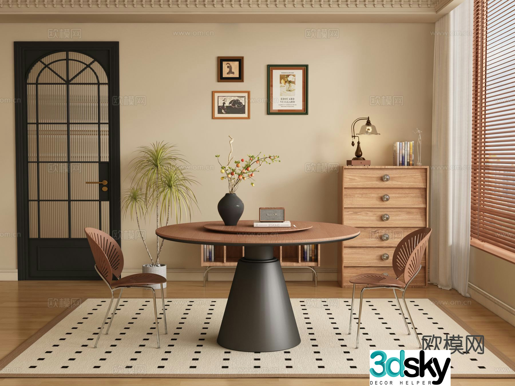 Medieval style round dining table and chairs 3D model