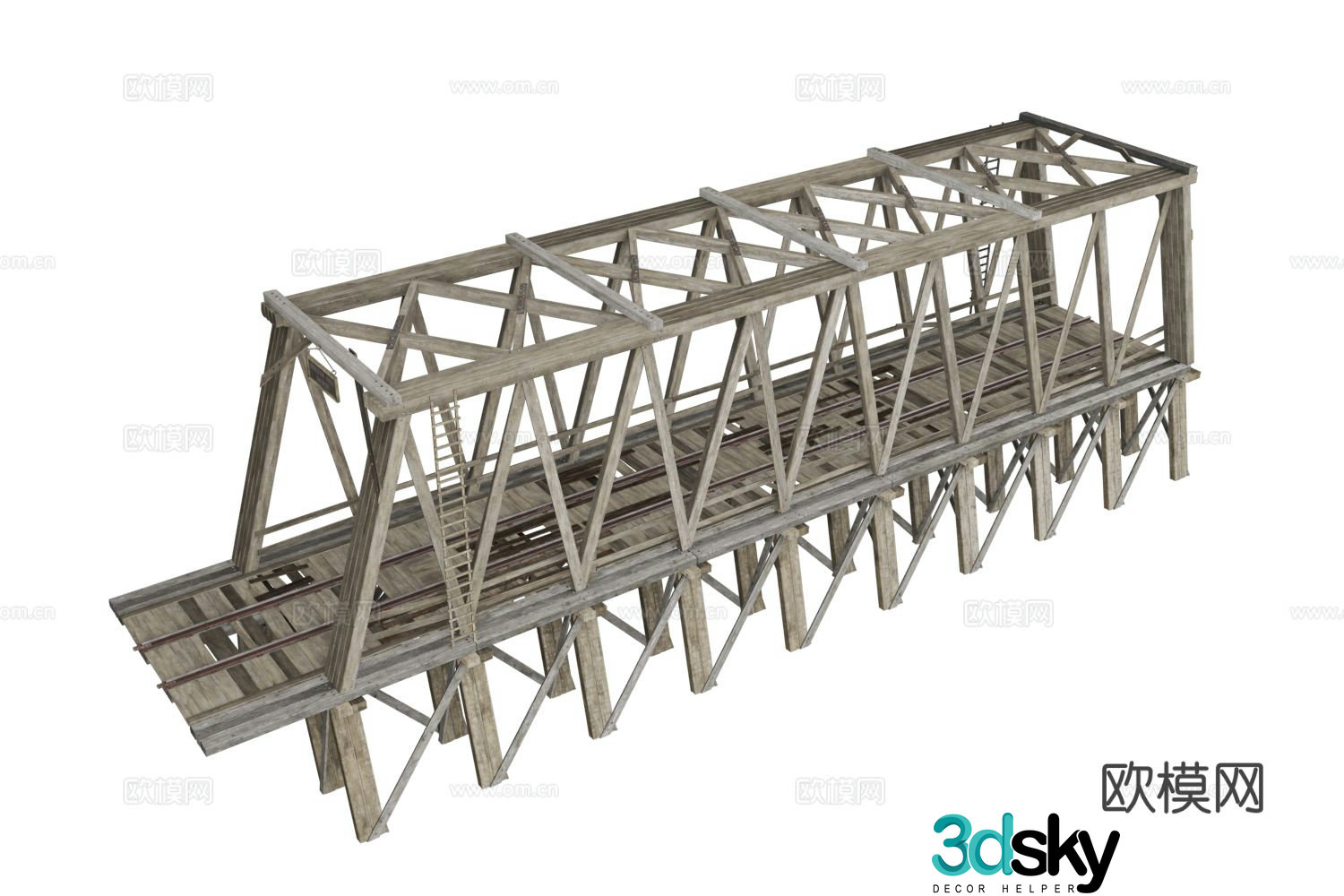 Iron bridge wooden bridge suspension bridge railway track 3d model