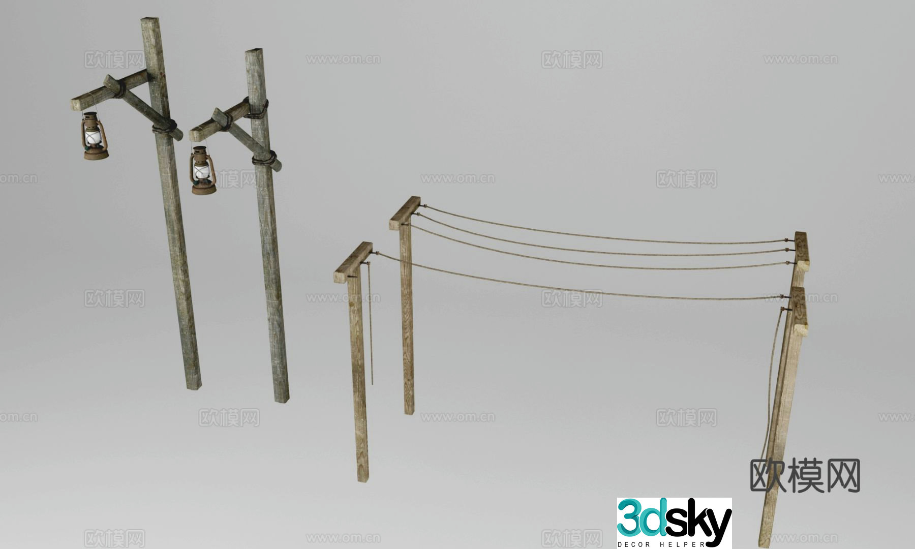 Telephone pole, street light pole, lantern 3d model