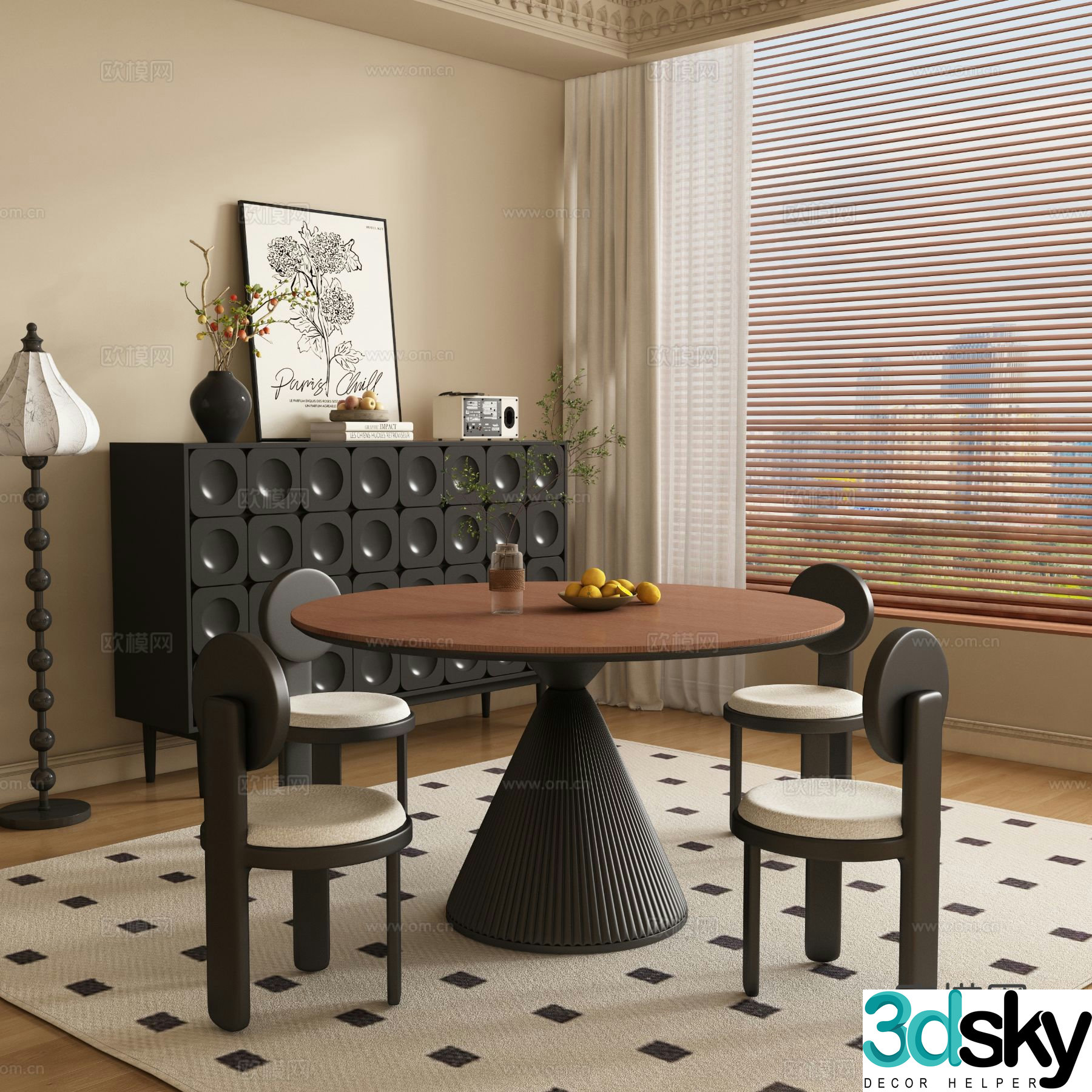 Medieval style round dining table and chairs 3D model