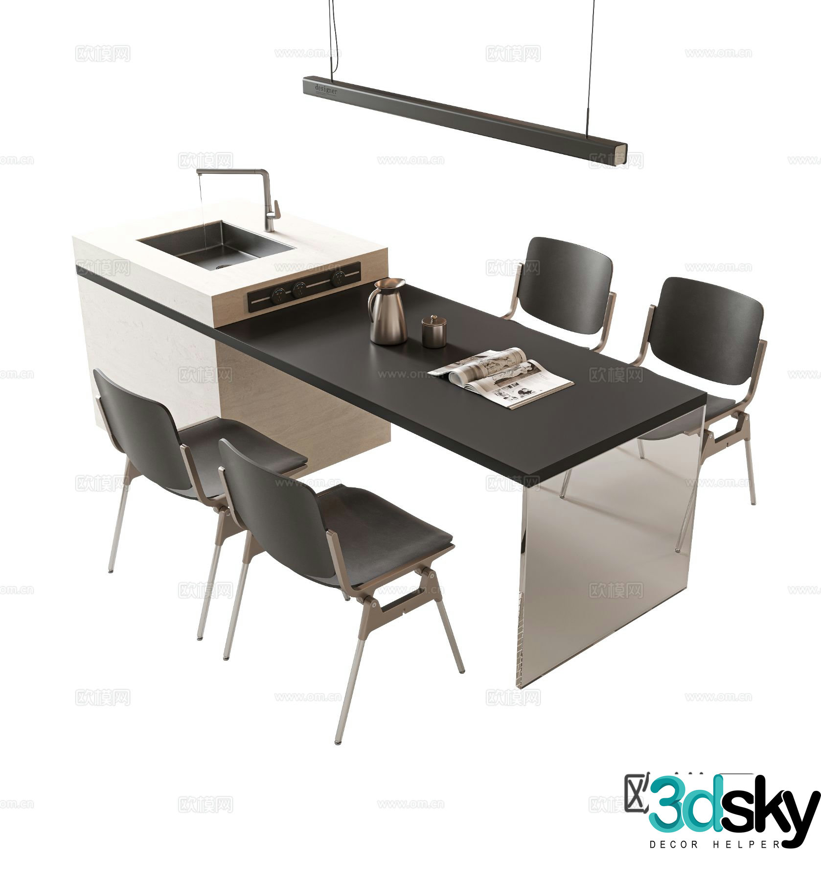 Modern island dining table and chairs 3d model